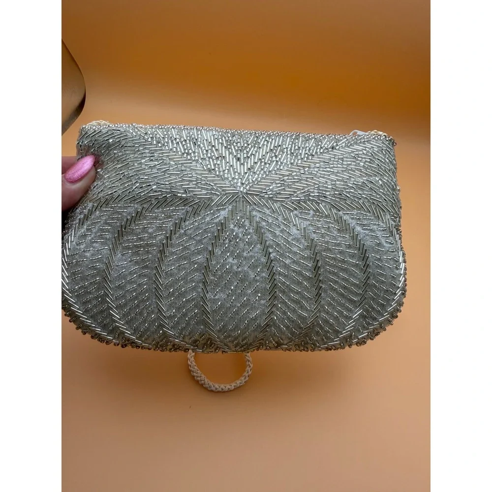 Vintage 1984 Gallery Originals Silver Beaded Evening Bag Crossbody  Clutch